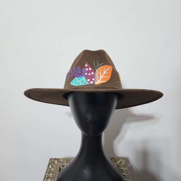 Hand Painted Brown Suede Sun Hat - Picture 2 of 5